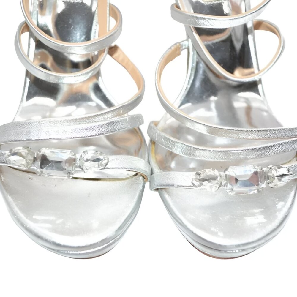 Badgley Mischka Silver Leather Crystal Diamond Open Toe Dress Strappy Heels 7.5 - Picture 8 of 13